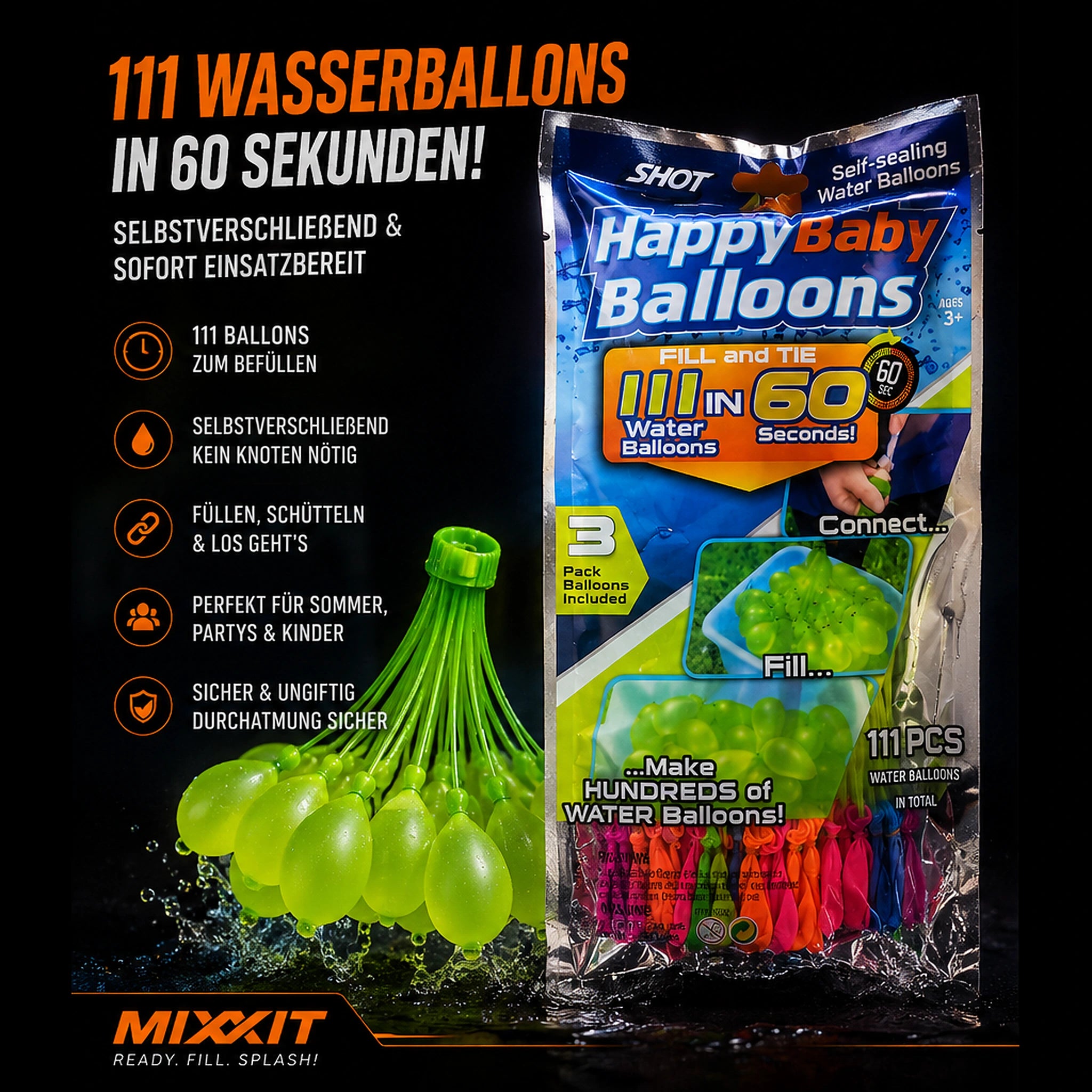 111 selbstverschließende Wasserballons – 3 Bündel Schnellfüll-System