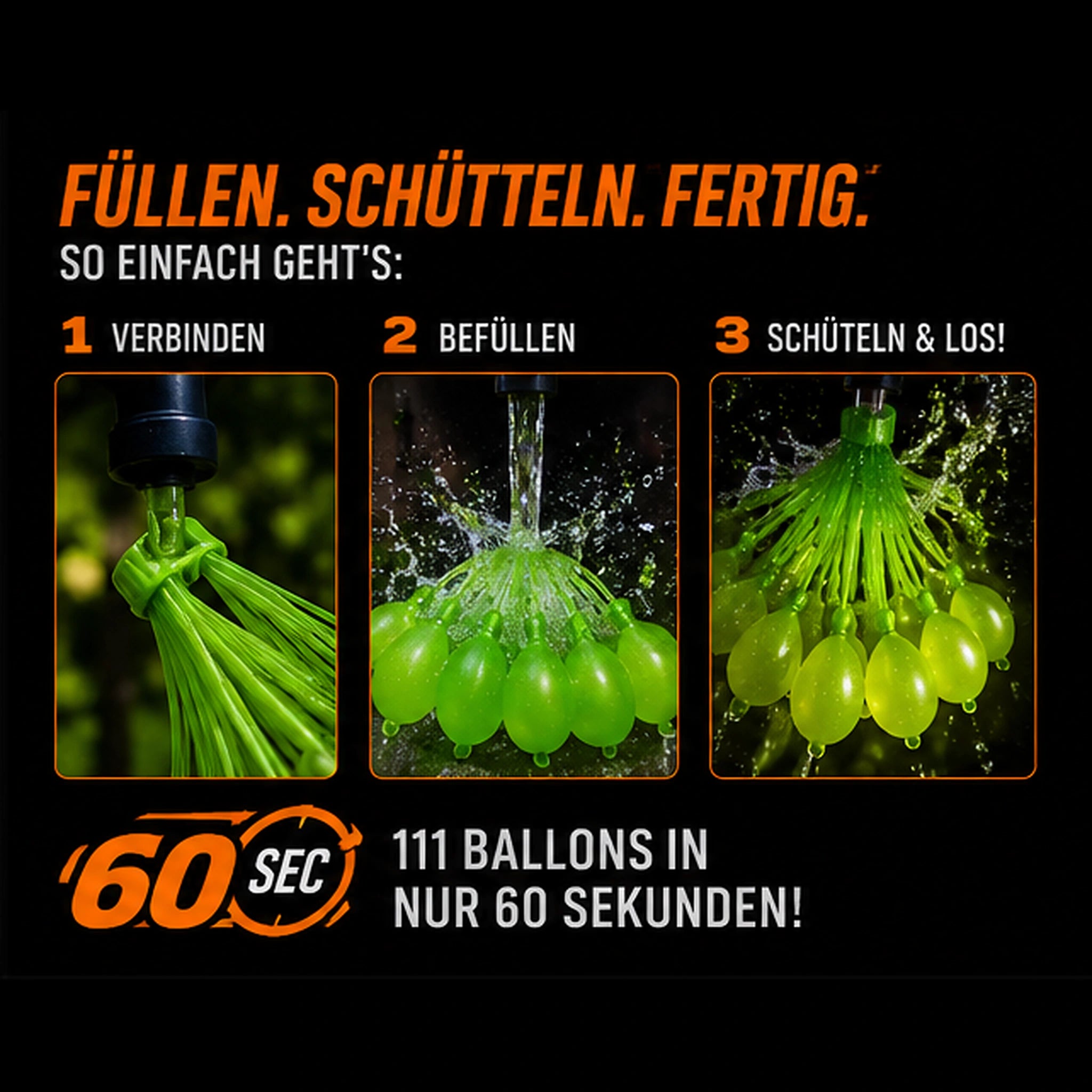 111 selbstverschließende Wasserballons – 3 Bündel Schnellfüll-System