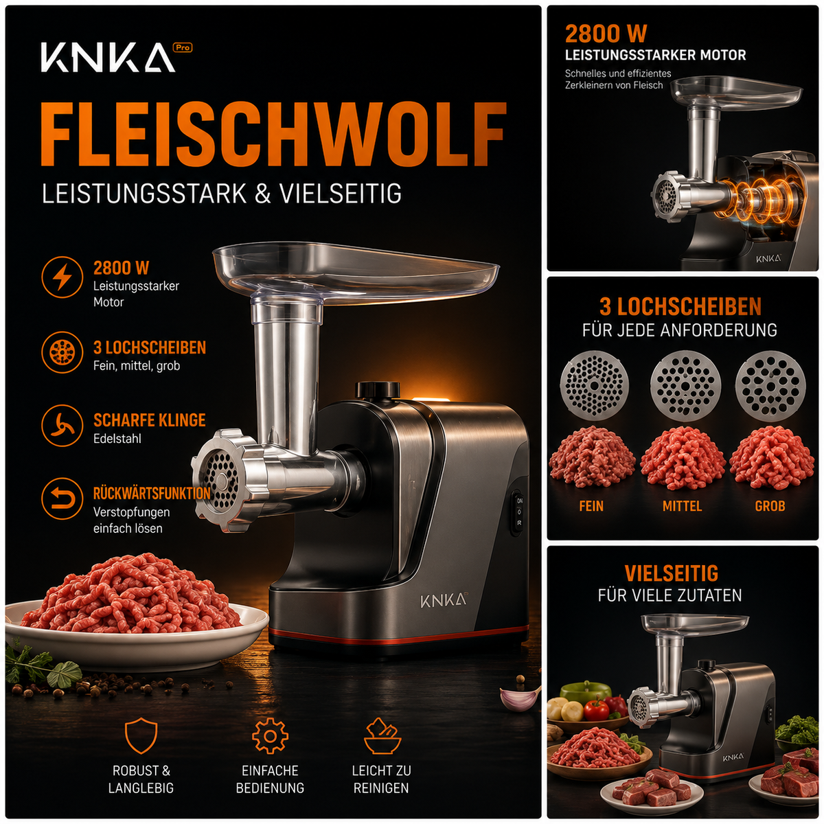 KNKA PRO Elektrischer Fleischwolf MGQ – bis 2800 W Max mit Wurstfüller & Kebbe-Aufsatz