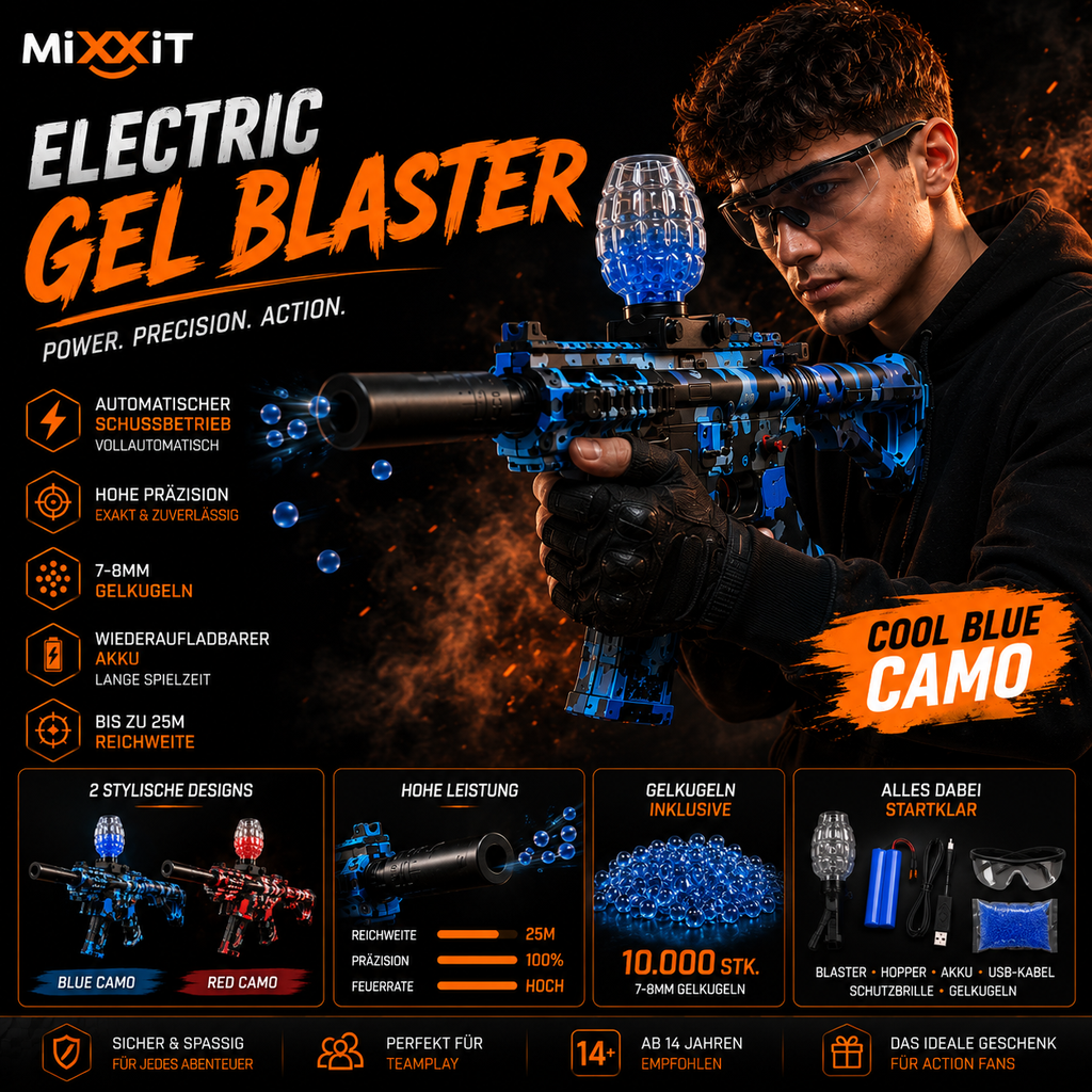 Elektrischer Gel-Blaster – Blue Camo / Red Camo mit Akku, USB-Ladekabel & Hopper