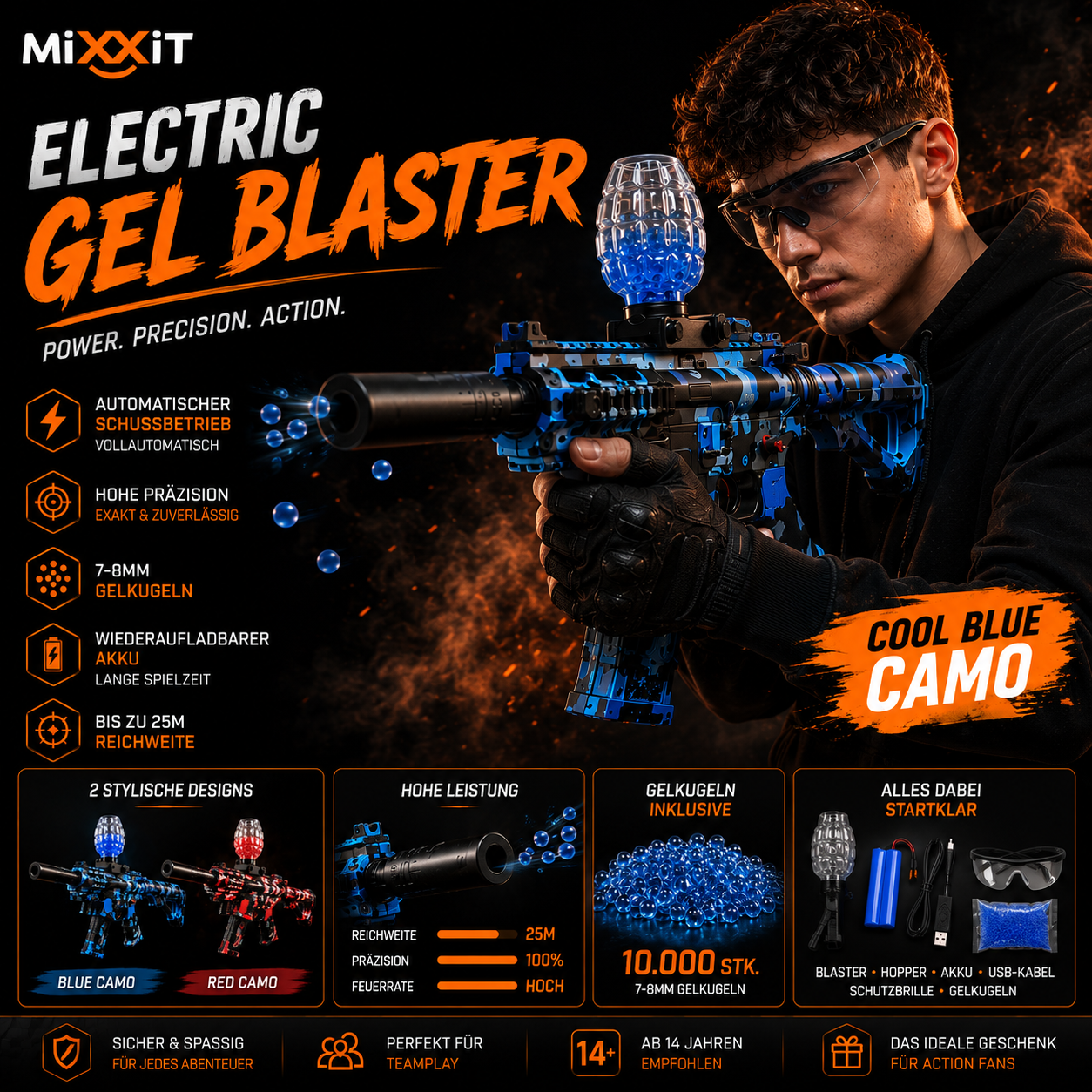 Elektrischer Gel-Blaster – Blue Camo / Red Camo mit Akku, USB-Ladekabel & Hopper