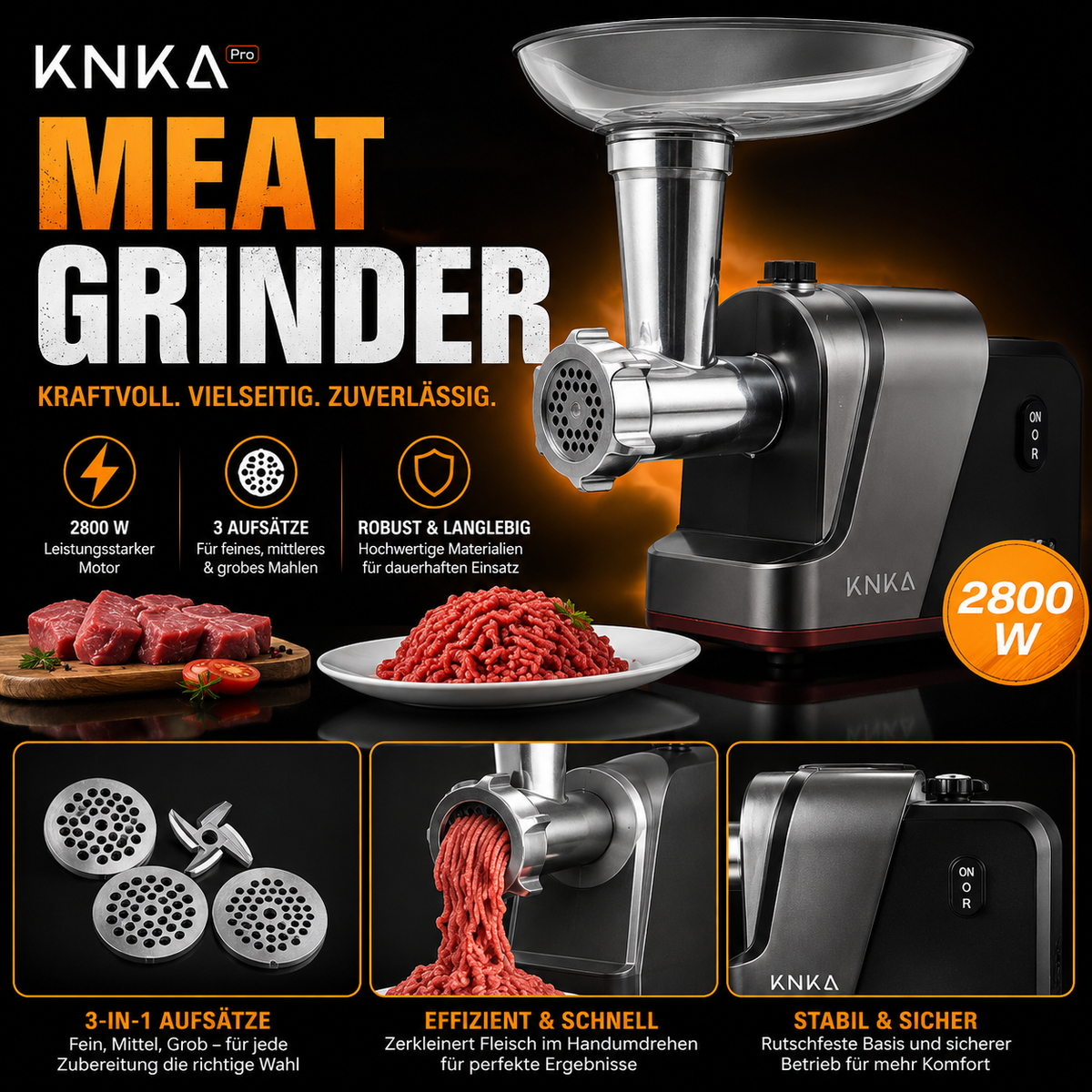 KNKA PRO Elektrischer Fleischwolf MGQ – bis 2800 W Max mit Wurstfüller & Kebbe-Aufsatz