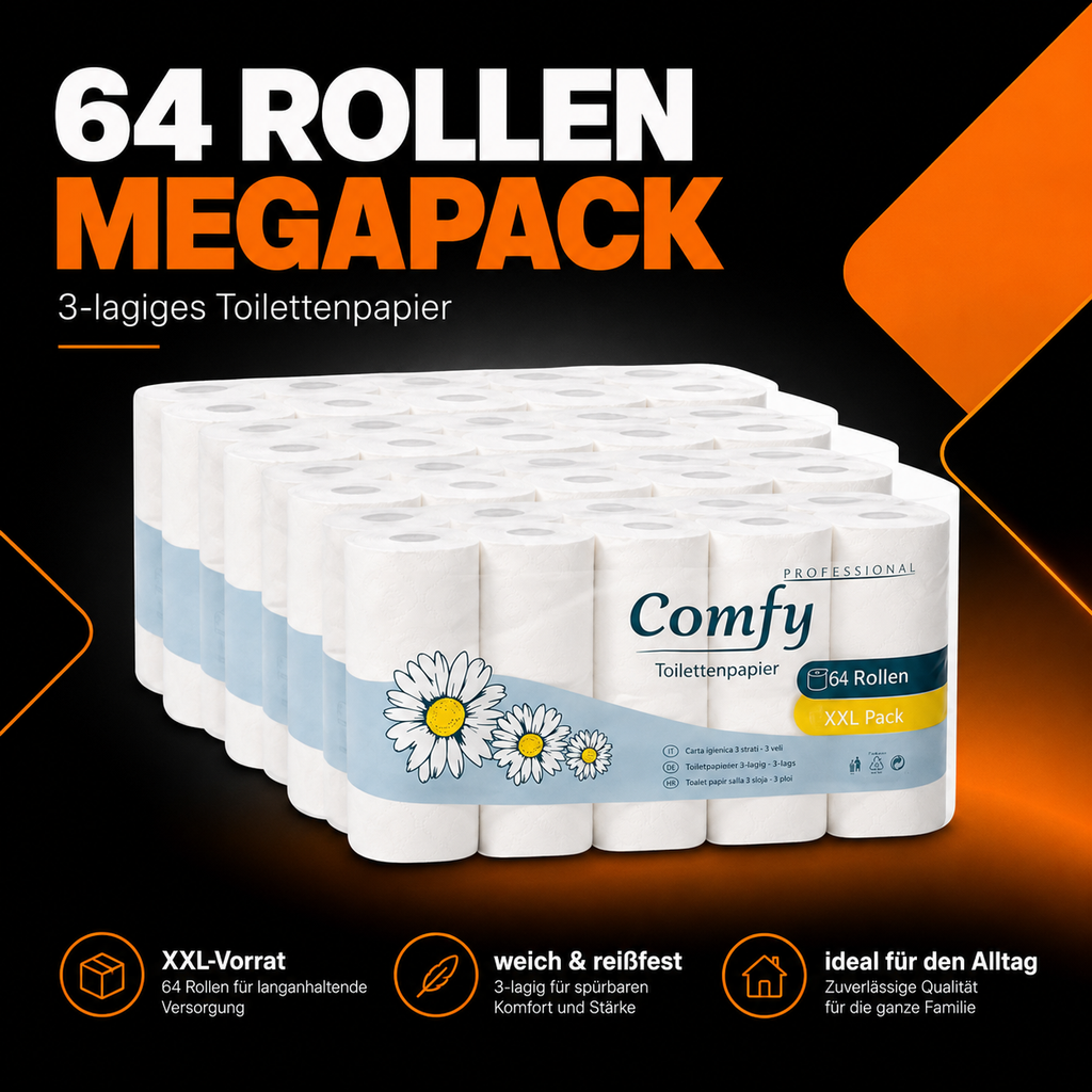 Comfy Toilettenpapier Megapack – 64 Rollen, 3-lagig im XXL-Vorratspack