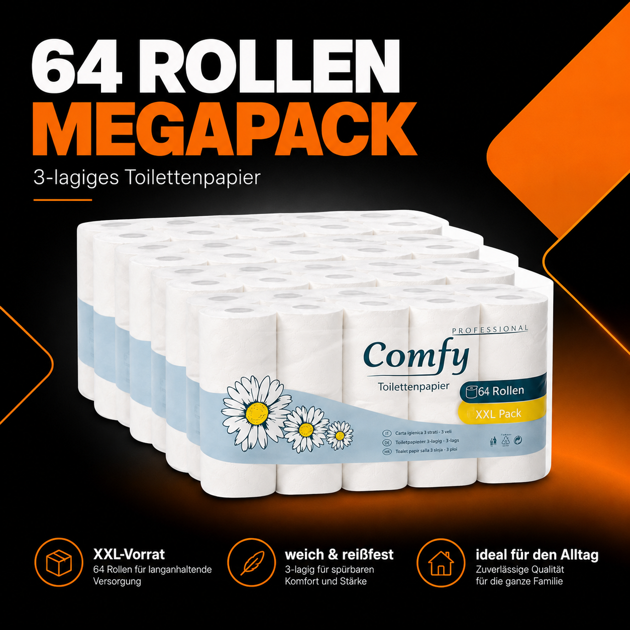 Comfy Toilettenpapier Megapack – 64 Rollen, 3-lagig im XXL-Vorratspack