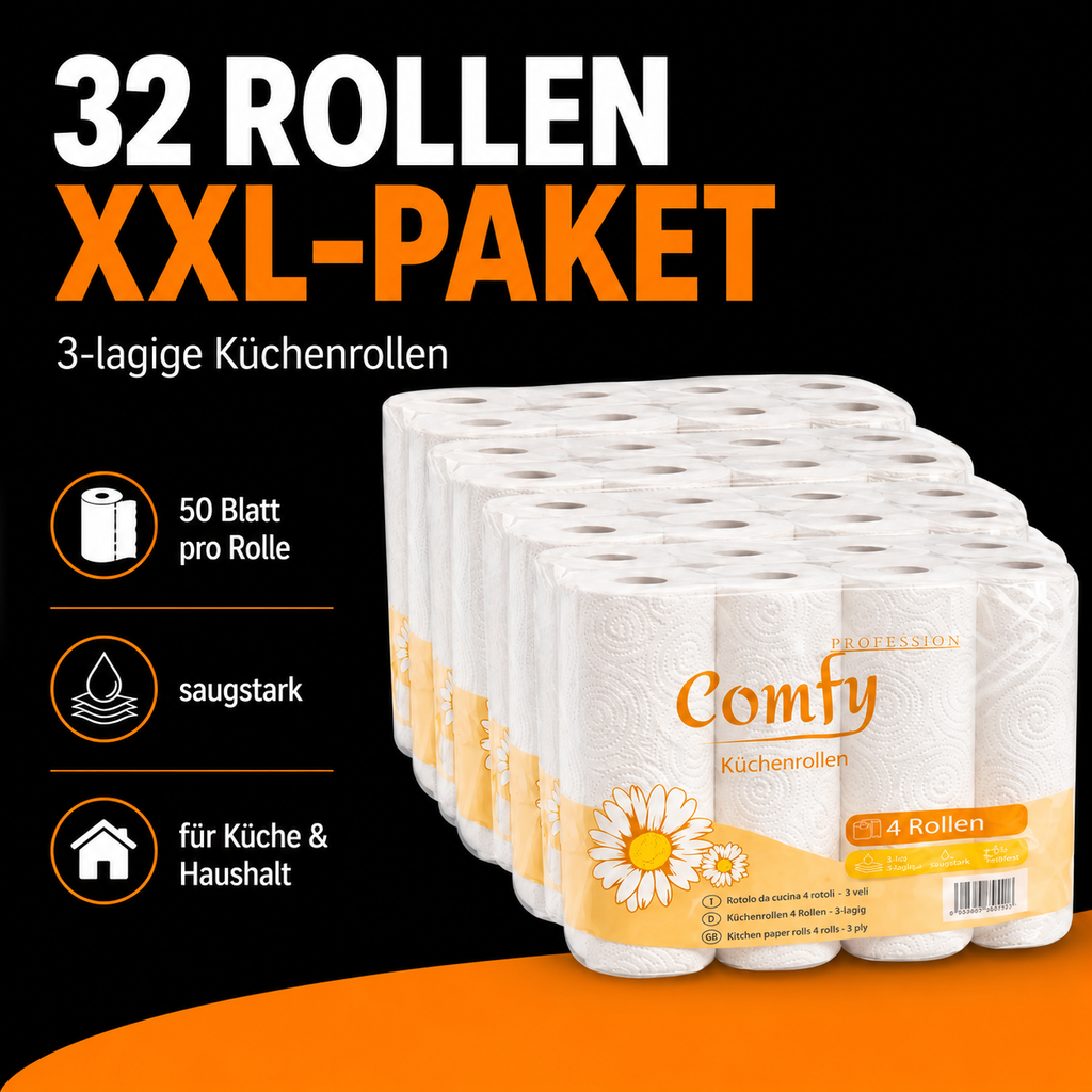 Comfy Küchenrollen Megapack – 32 Rollen, 3-lagig mit 50 Blatt je Rolle