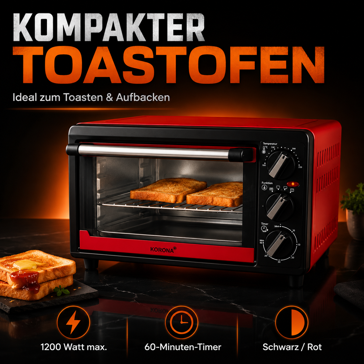 14 Liter Mini-Backofen, 1200 W, Schwarz/Rot INKL. Zubehör