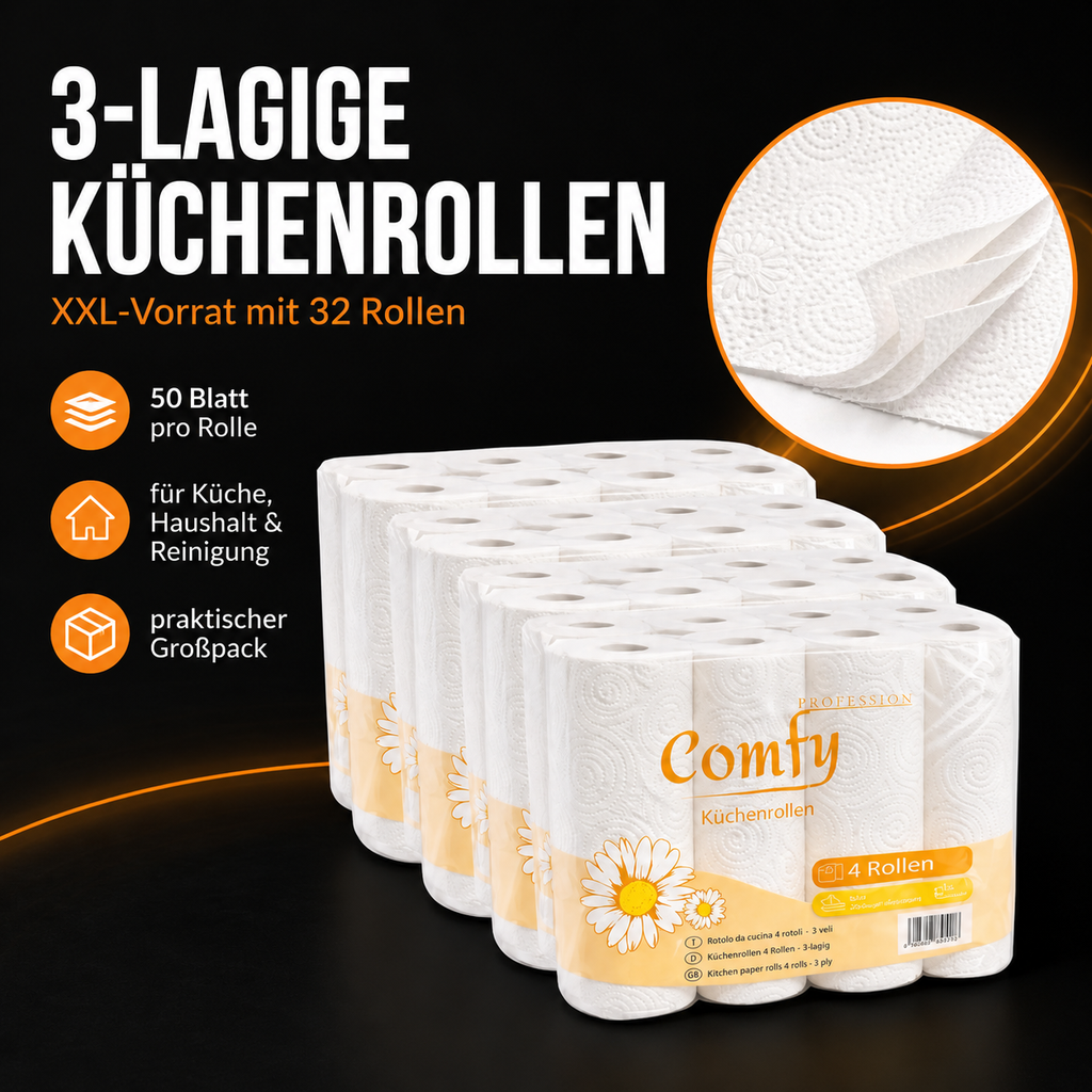 Comfy Küchenrollen Megapack – 32 Rollen, 3-lagig mit 50 Blatt je Rolle