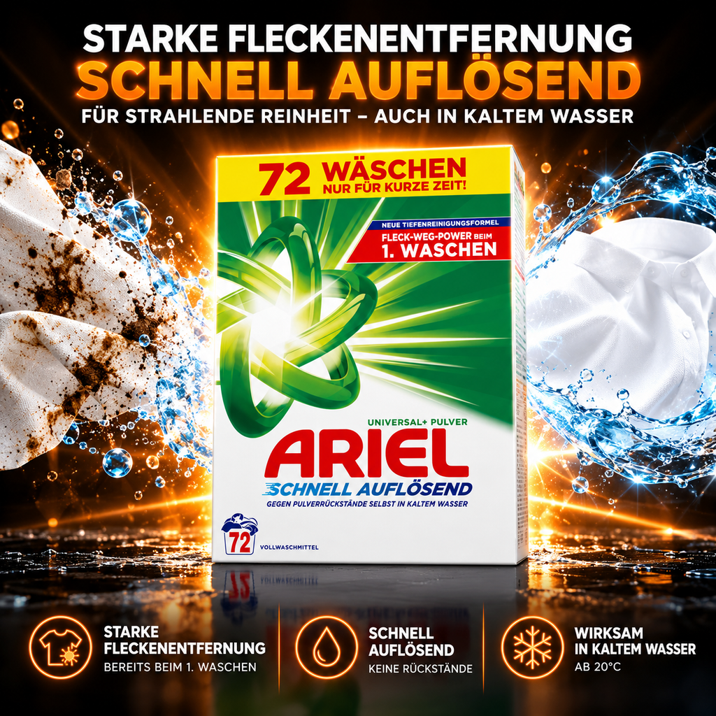 Ariel Schnell Auflösend Universal+ Pulver Vollwaschmittel 72 Waschladungen