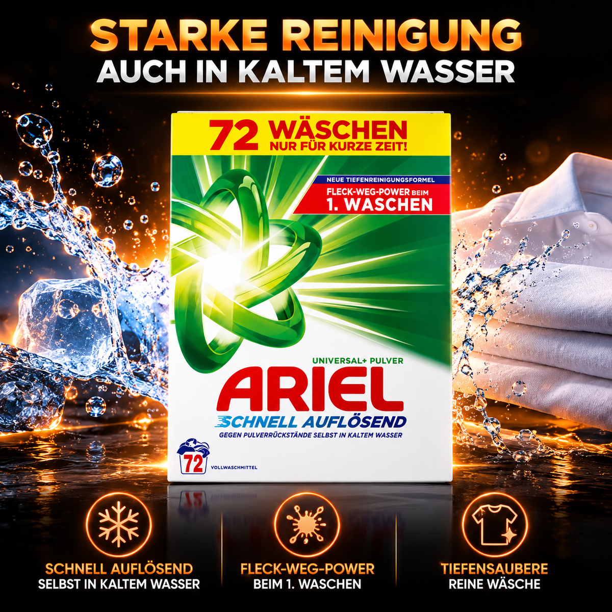 Ariel Schnell Auflösend Universal+ Pulver Vollwaschmittel 72 Waschladungen