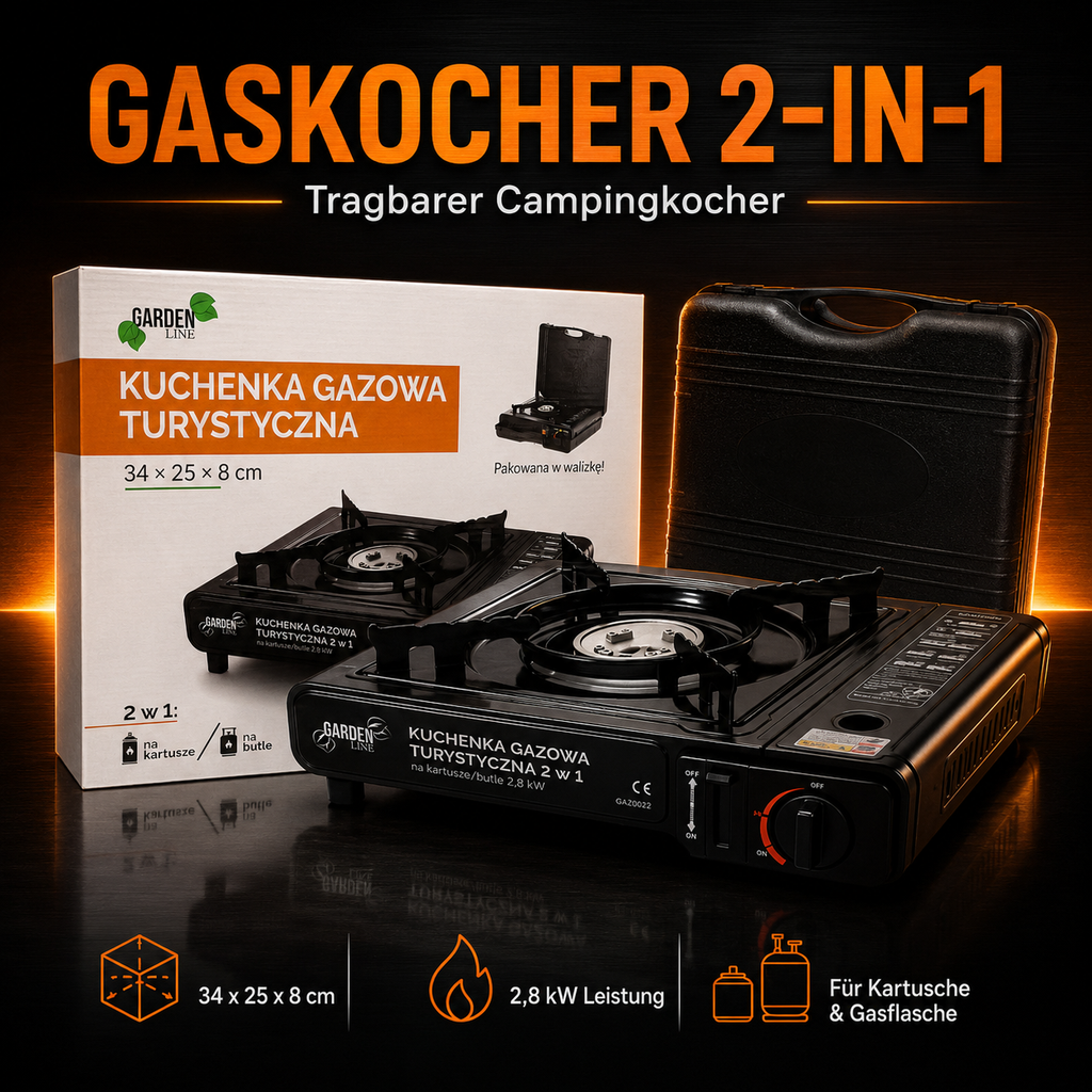 Garden Line 2-in-1 Camping-Gaskocher 2,8 kW – tragbarer Gaskocher im Kofferformat