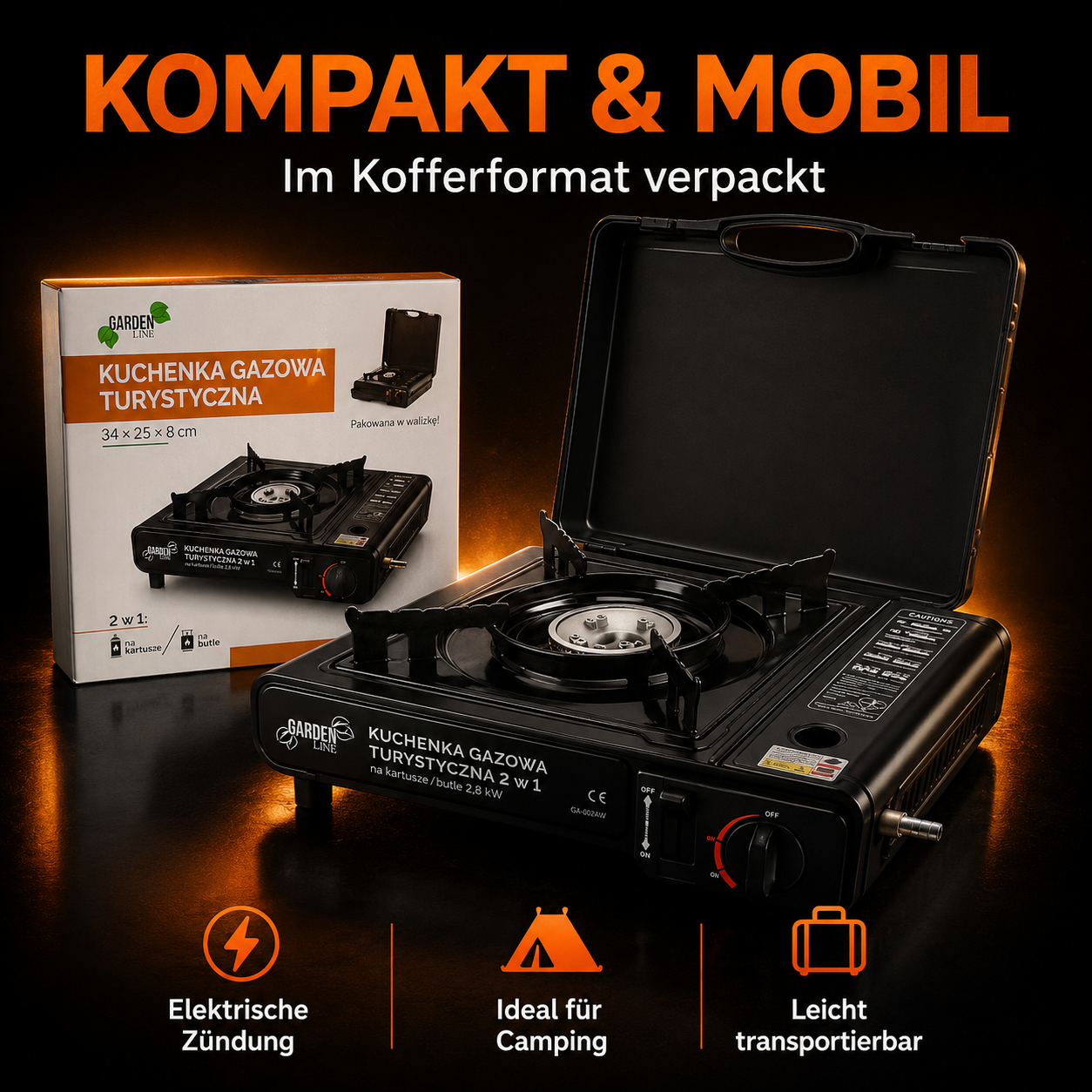 Garden Line 2-in-1 Camping-Gaskocher 2,8 kW – tragbarer Gaskocher im Kofferformat