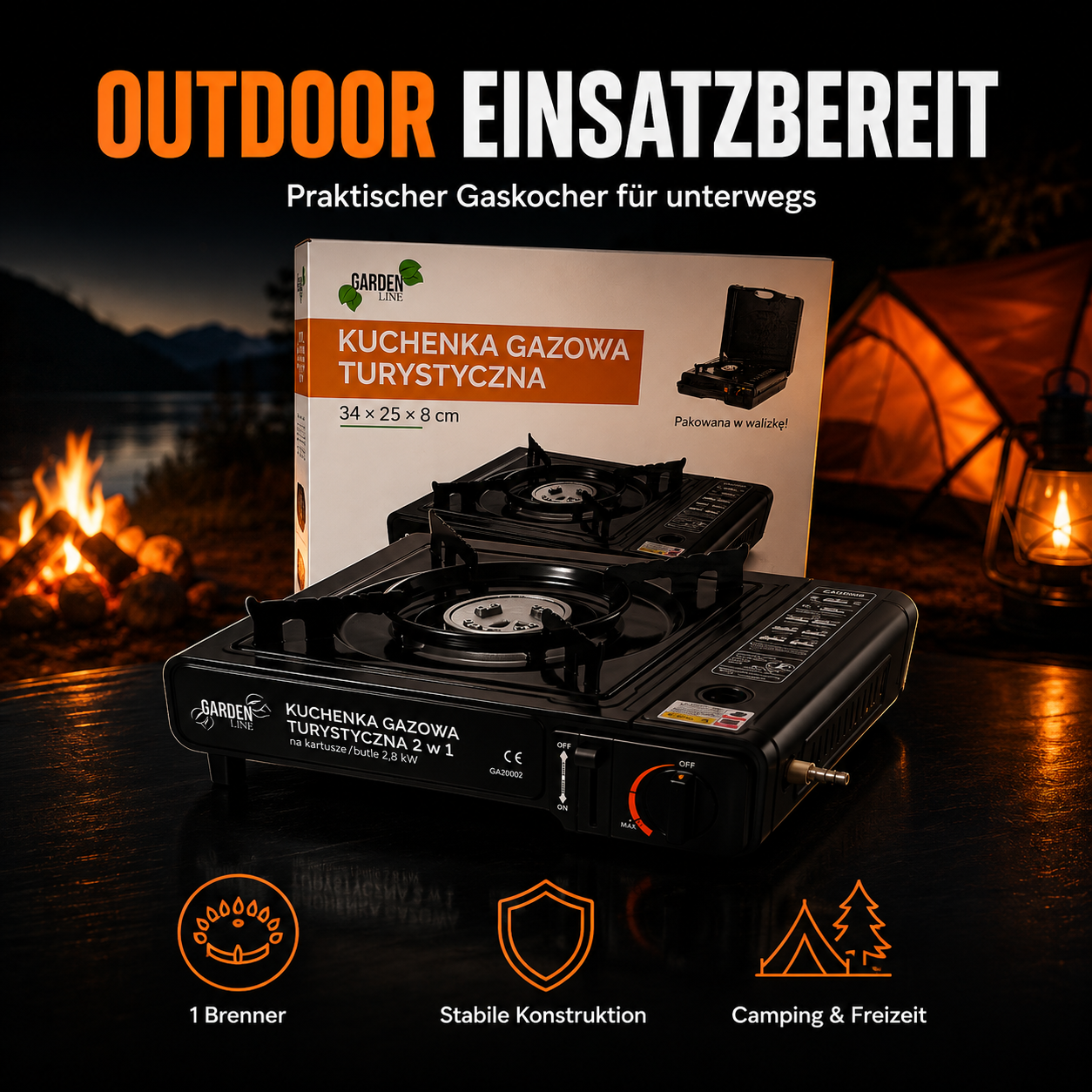 Garden Line 2-in-1 Camping-Gaskocher 2,8 kW – tragbarer Gaskocher im Kofferformat