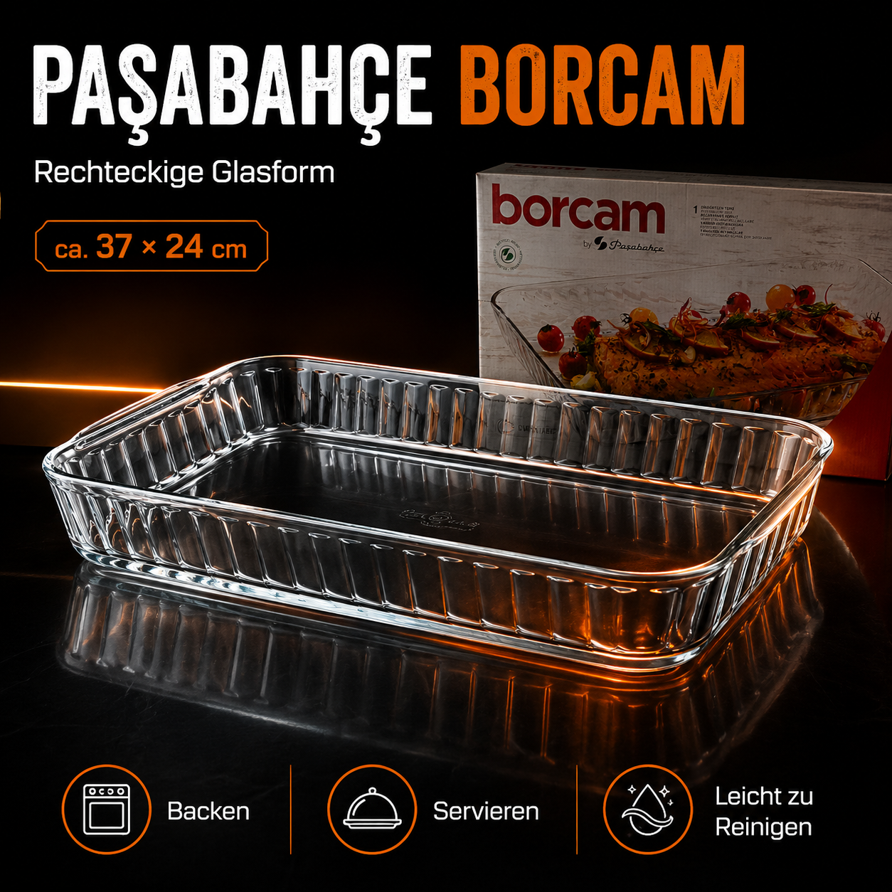 rechteckige Auflaufform 2,85 L – 37 × 24 cm Paşabahçe Borcam