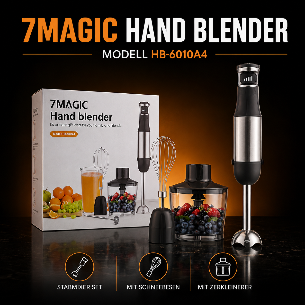 7MAGIC HB-6010A4 3-in-1 Stabmixer-Set – Mixen, Zerkleinern & Aufschlagen