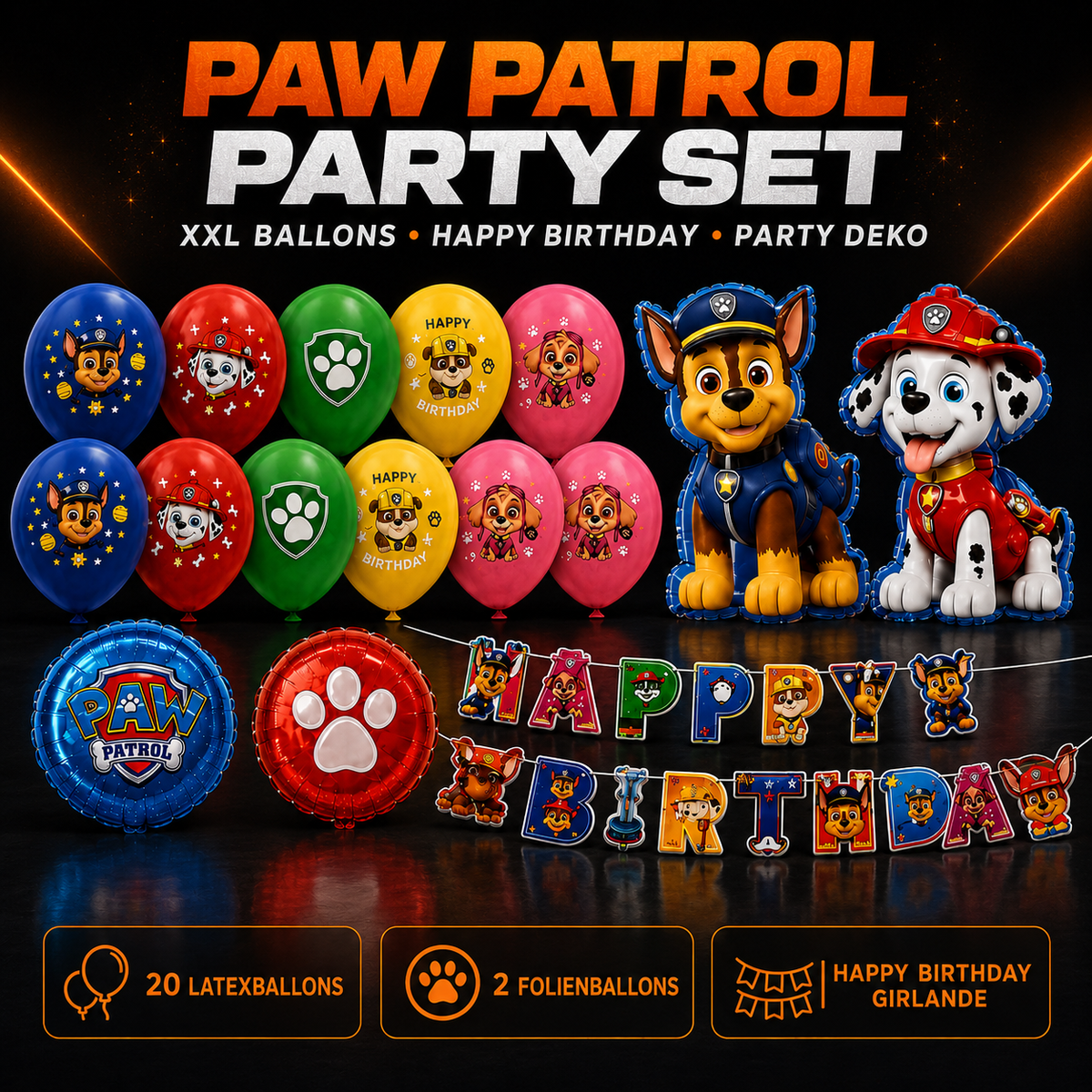 Paw Patrol Party-Set – Geburtstagsdeko mit Ballons, Girlande, Stickern & Zubehör