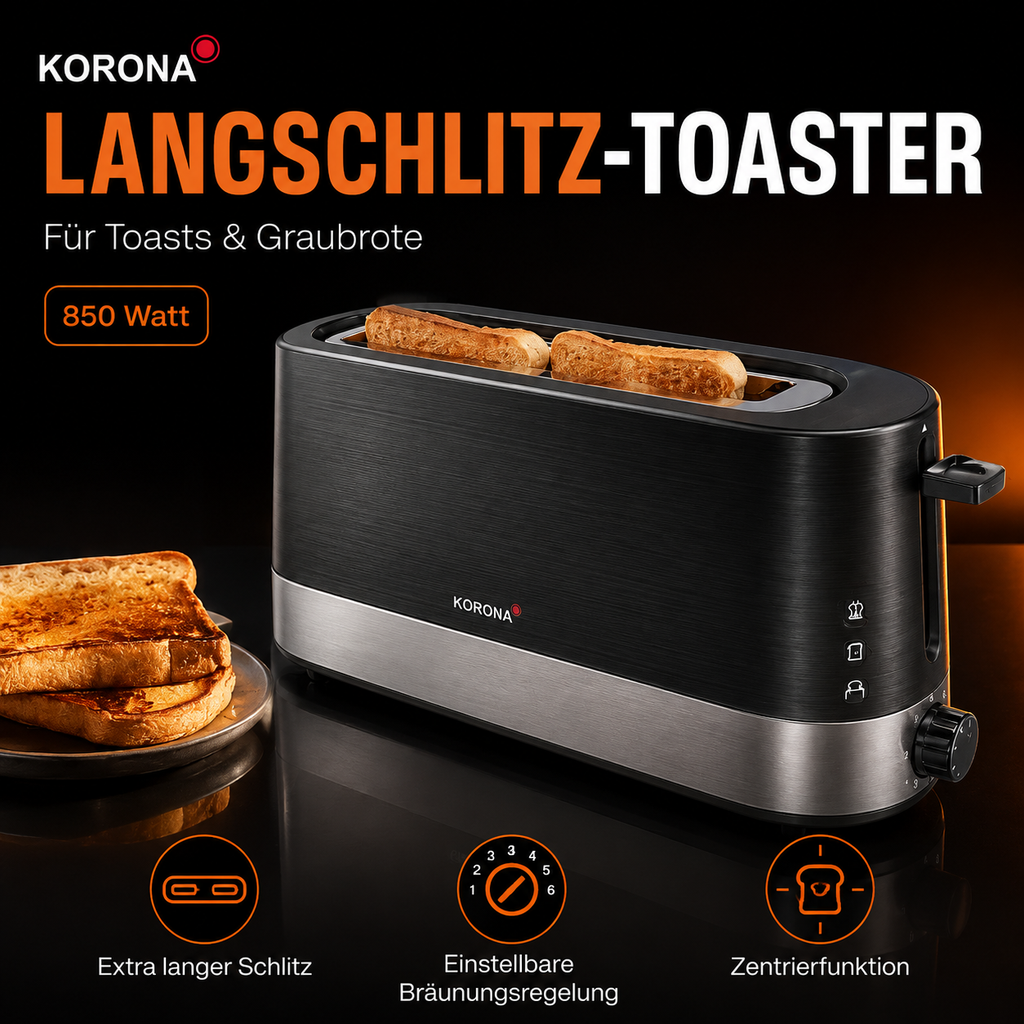 KORONA 21305 Langschlitz-Toaster 850 W – Schwarz/Edelstahl
