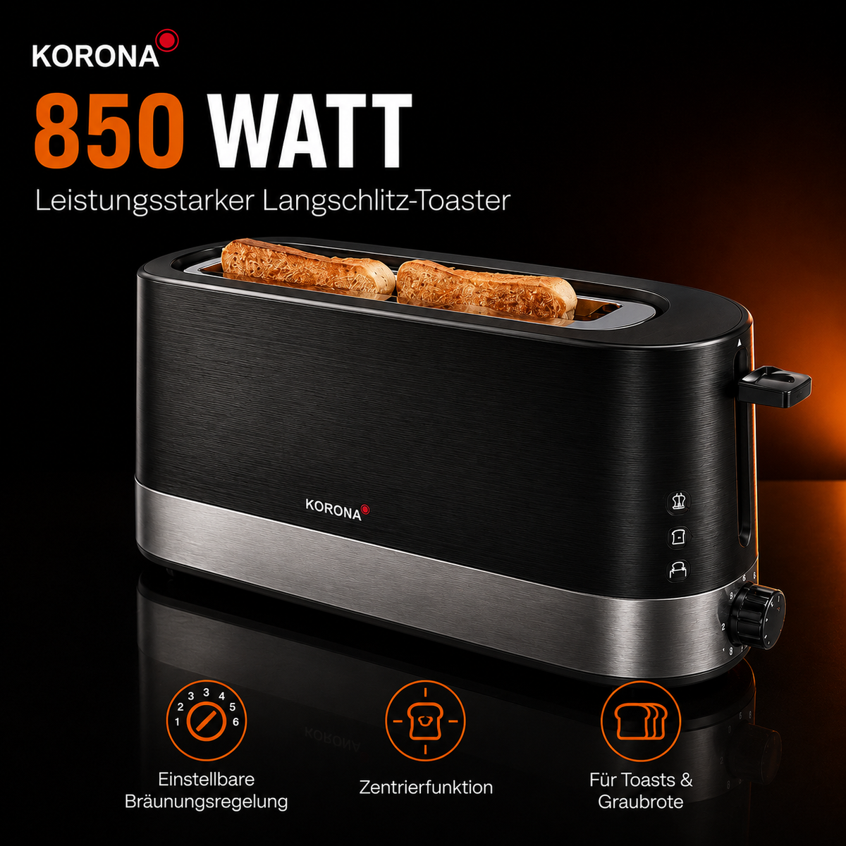 KORONA 21305 Langschlitz-Toaster 850 W – Schwarz/Edelstahl