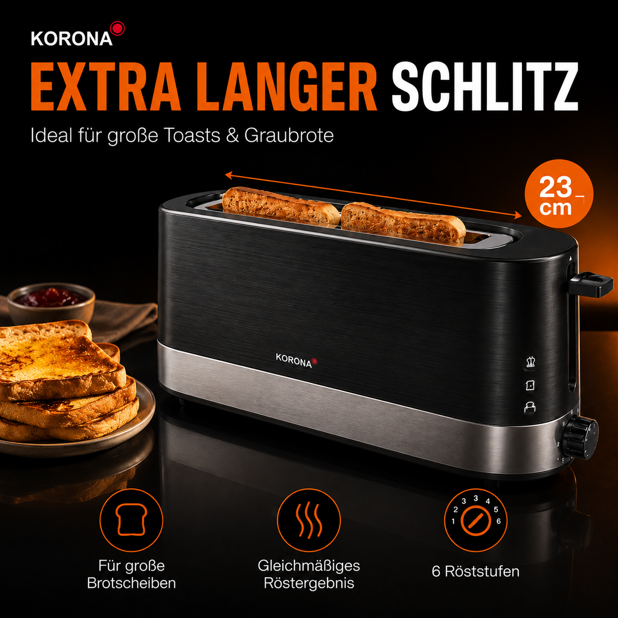 KORONA 21305 Langschlitz-Toaster 850 W – Schwarz/Edelstahl