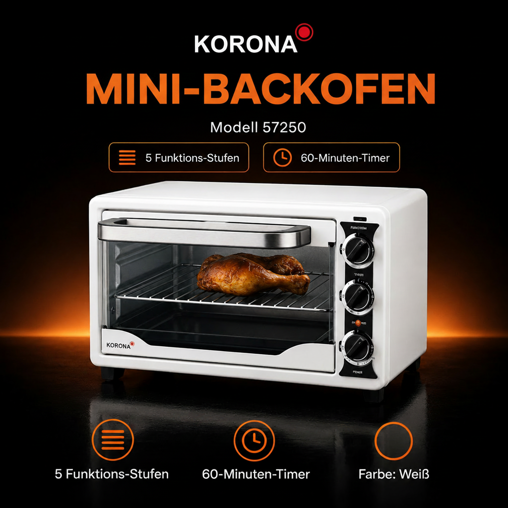 KORONA Minibackofen 57250 – 21 L Mini-Backofen mit Heißluft, 1400 W, Weiß