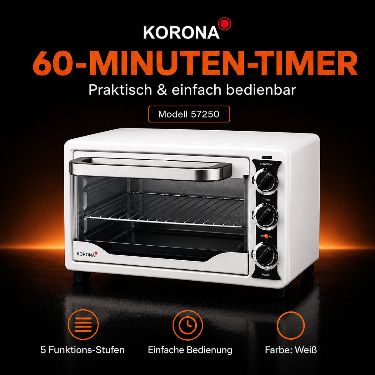 KORONA Minibackofen 57250 – 21 L Mini-Backofen mit Heißluft, 1400 W, Weiß