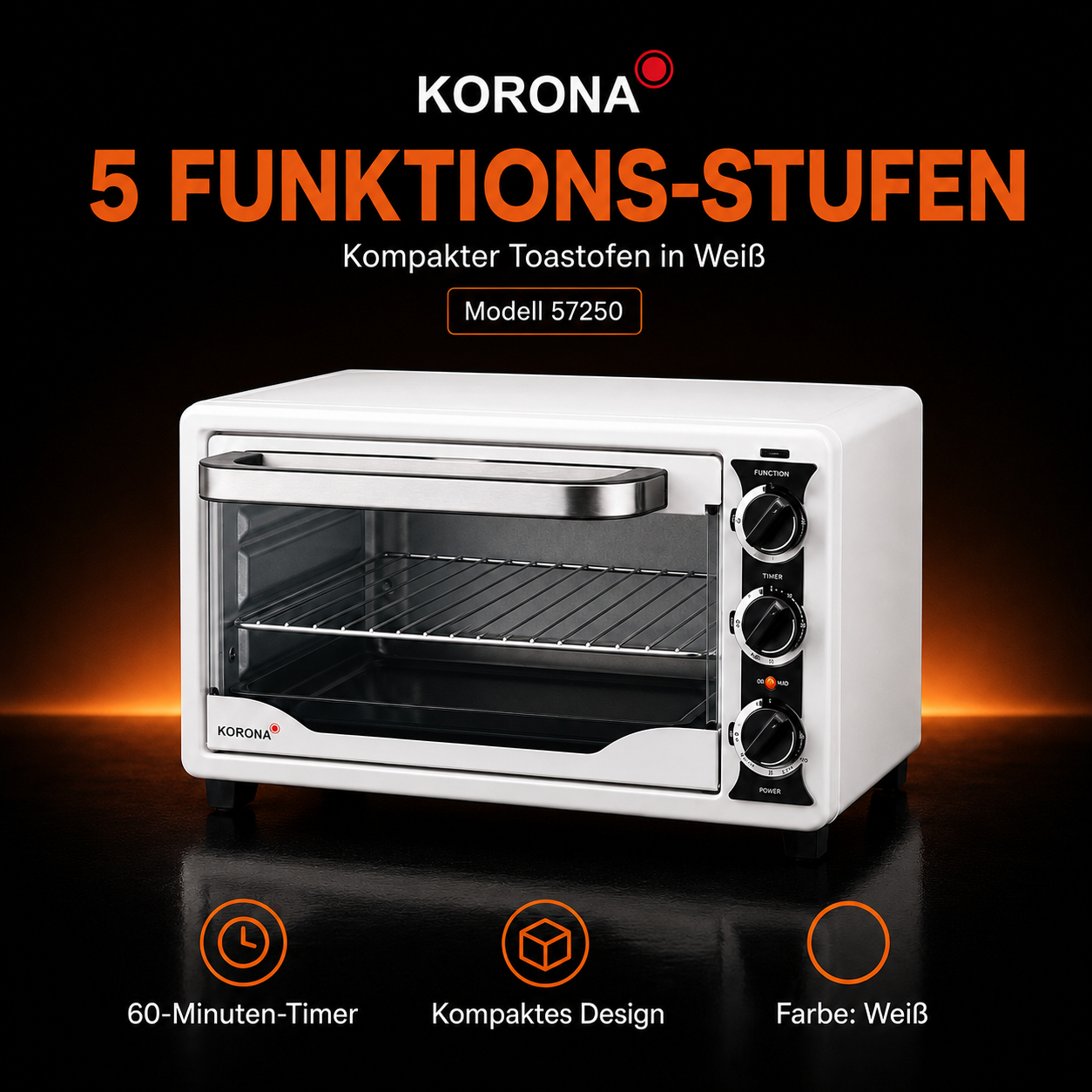 KORONA Minibackofen 57250 – 21 L Mini-Backofen mit Heißluft, 1400 W, Weiß