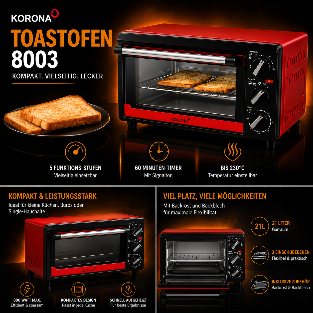 14 Liter Mini-Backofen, 1200 W, Schwarz/Rot INKL. Zubehör
