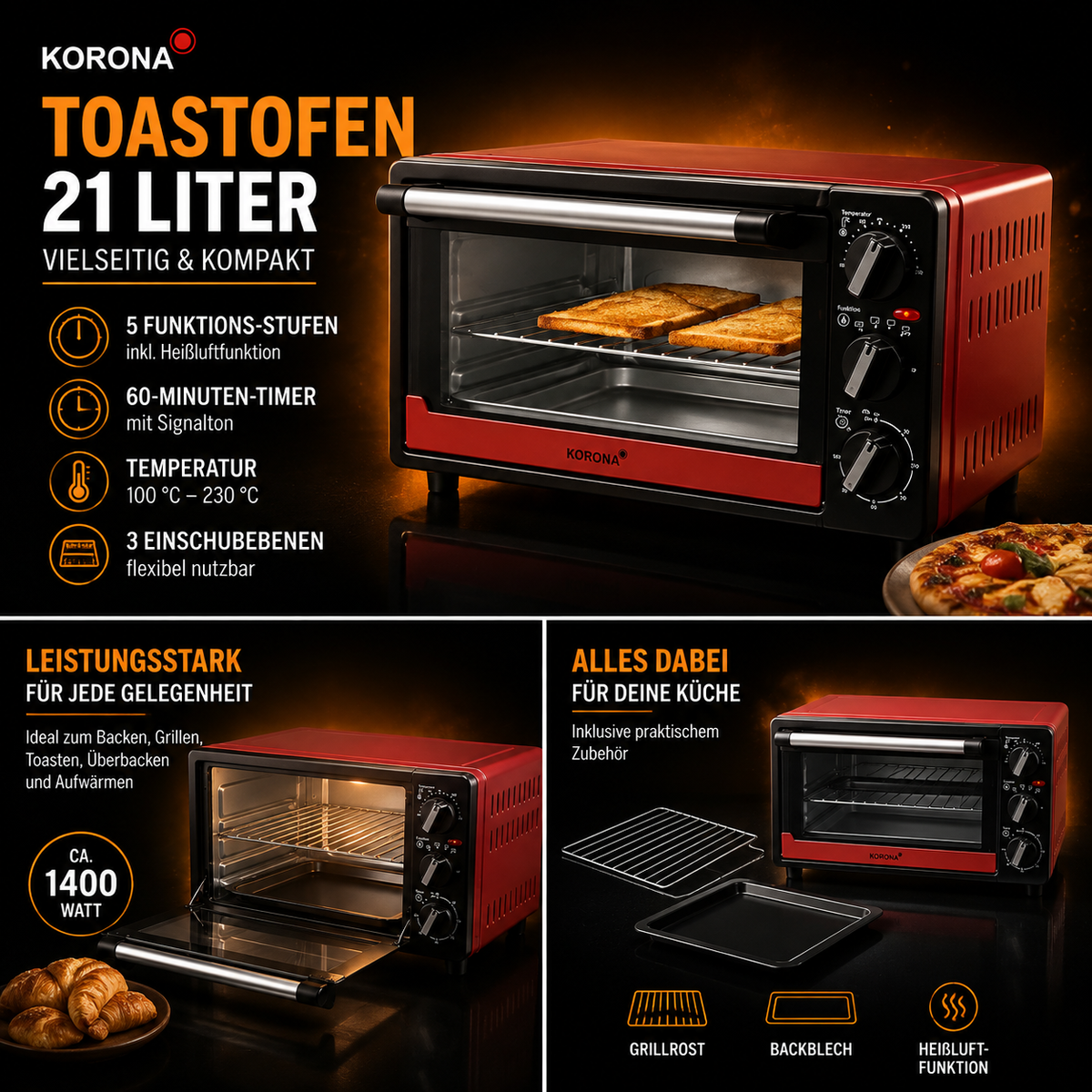 14 Liter Mini-Backofen, 1200 W, Schwarz/Rot INKL. Zubehör