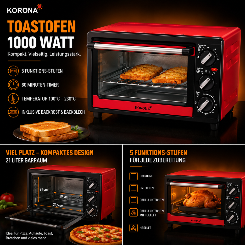 14 Liter Mini-Backofen, 1200 W, Schwarz/Rot INKL. Zubehör