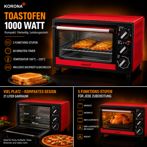 14 Liter Mini-Backofen, 1200 W, Schwarz/Rot INKL. Zubehör