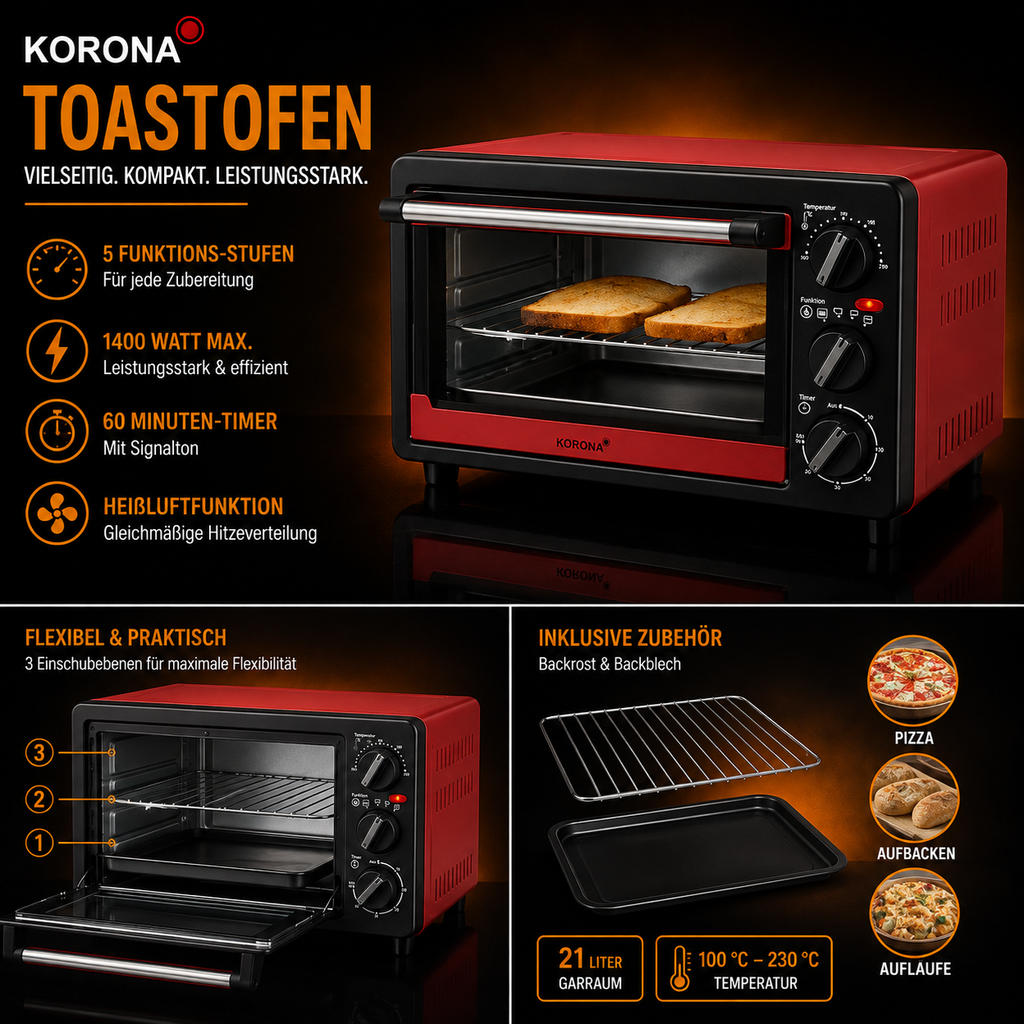 14 Liter Mini-Backofen, 1200 W, Schwarz/Rot INKL. Zubehör