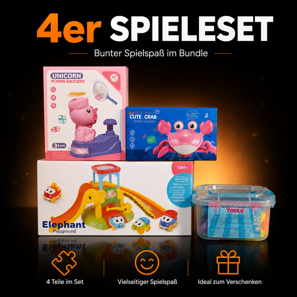 4-teiliges Kinder-Spielset – Unicorn Flying Saucers, Cute Crab, Elephant Playground & Baustein-Toolset