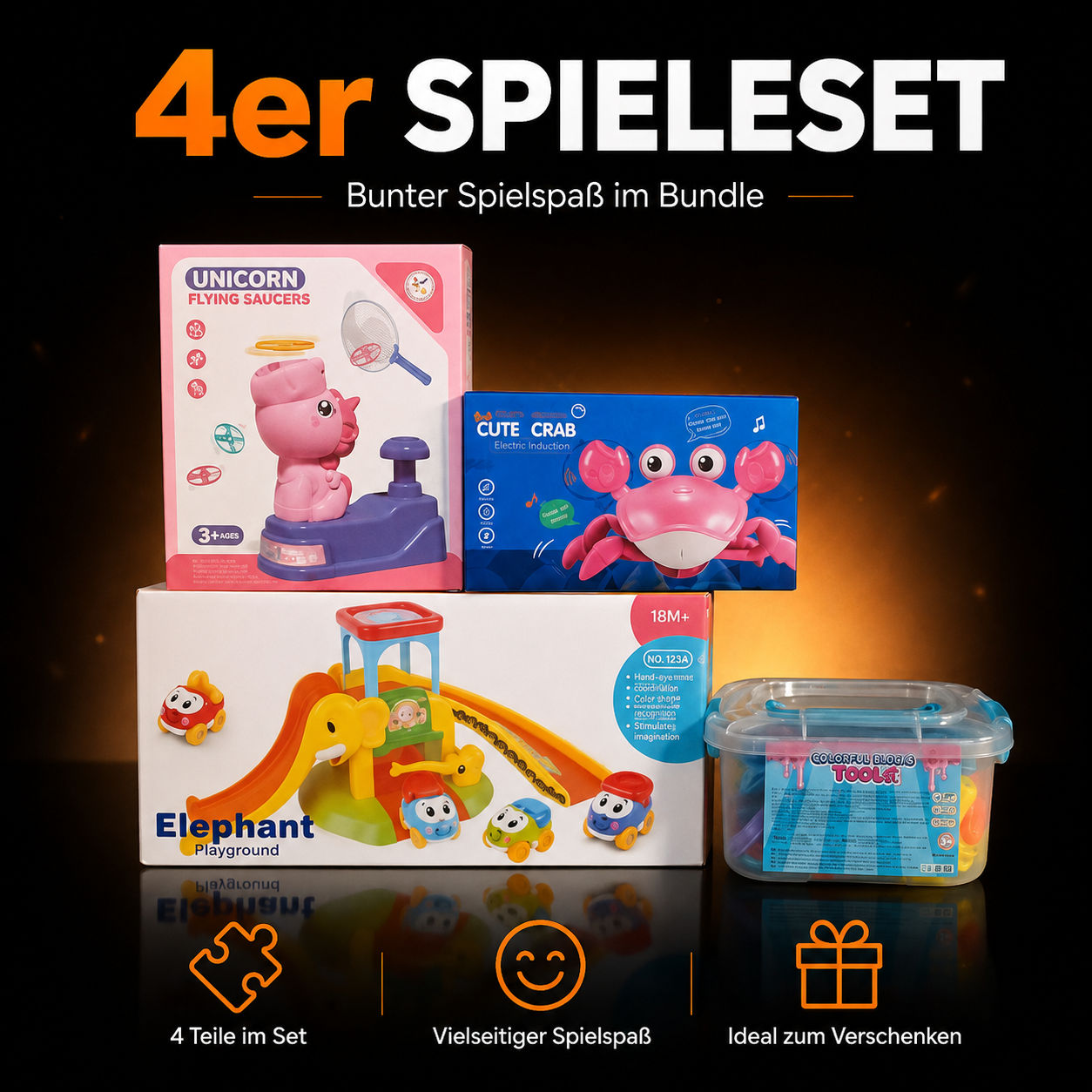 4-teiliges Kinder-Spielset – Unicorn Flying Saucers, Cute Crab, Elephant Playground & Baustein-Toolset