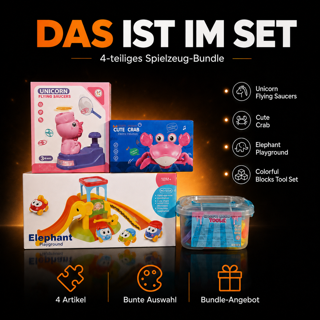 4-teiliges Kinder-Spielset – Unicorn Flying Saucers, Cute Crab, Elephant Playground & Baustein-Toolset