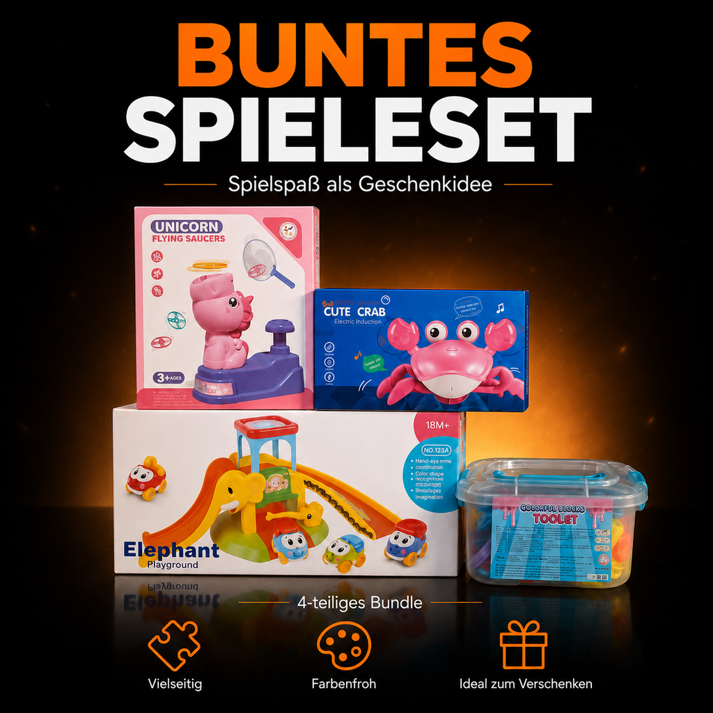4-teiliges Kinder-Spielset – Unicorn Flying Saucers, Cute Crab, Elephant Playground & Baustein-Toolset