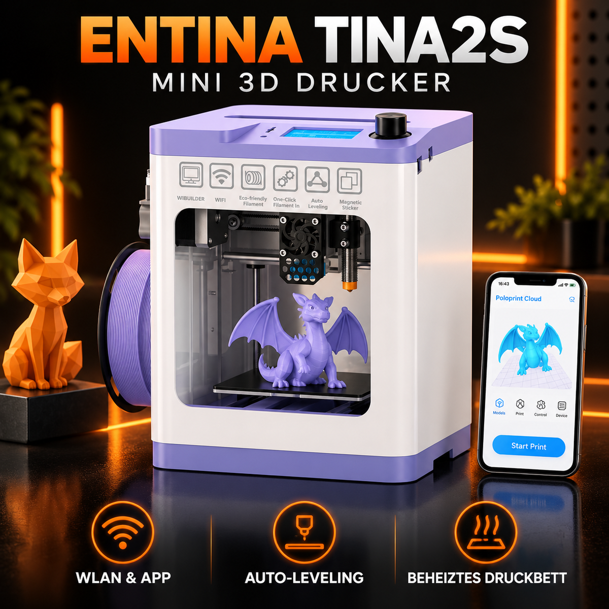 ENTINA Tina2S V10 Mini 3D-Drucker – WLAN, App, Auto-Leveling & beheiztes Druckbett