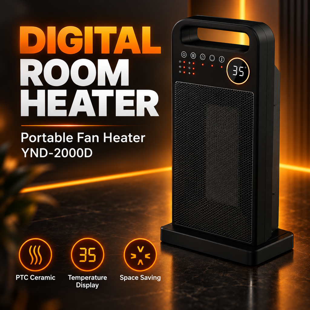 YND-2000D Keramik-Heizlüfter 2000 W – Digitaldisplay, Fernbedienung, Timer & Oszillation – Schwarz