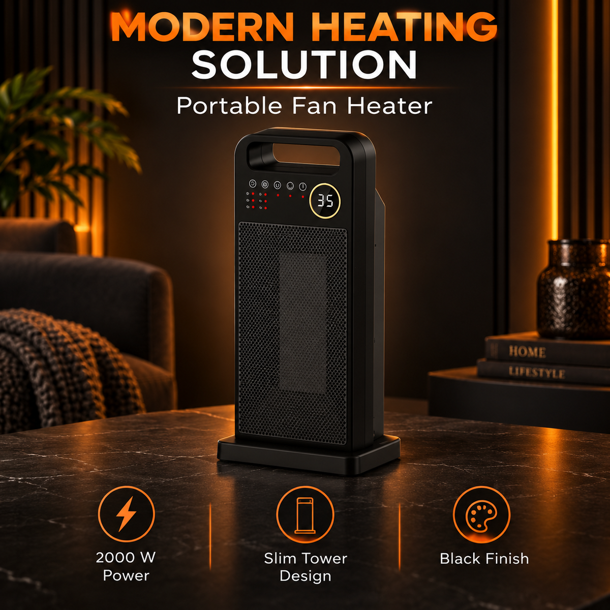 YND-2000D Keramik-Heizlüfter 2000 W – Digitaldisplay, Fernbedienung, Timer & Oszillation – Schwarz