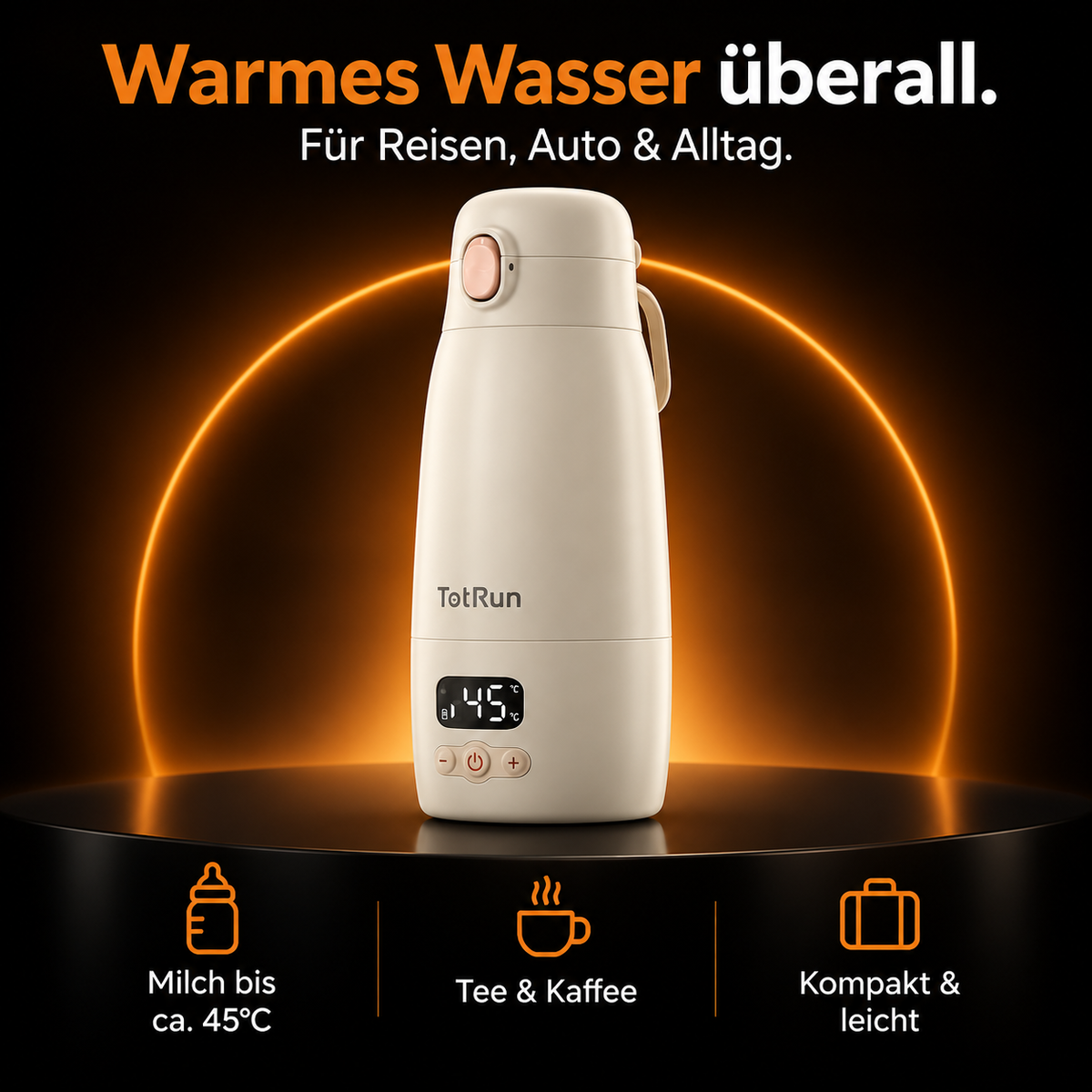 TotRun Mobiler Flaschenwärmer & Wasserkocher 520 ml – Akku, Temperaturregelung & Display – Beige