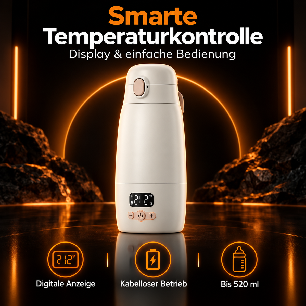 TotRun Mobiler Flaschenwärmer & Wasserkocher 520 ml – Akku, Temperaturregelung & Display – Beige