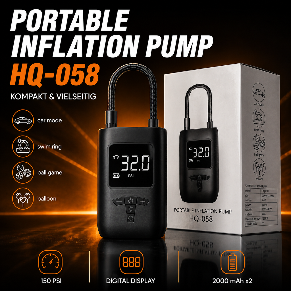 HQ-058 Tragbare elektrische Luftpumpe – bis 150 PSI mit Digitaldisplay