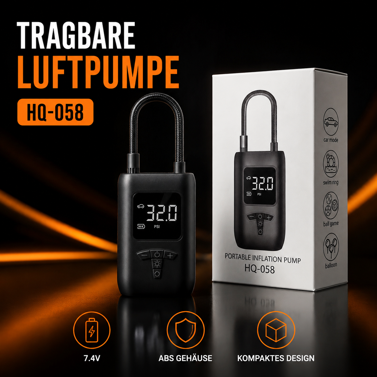 HQ-058 Tragbare elektrische Luftpumpe – bis 150 PSI mit Digitaldisplay