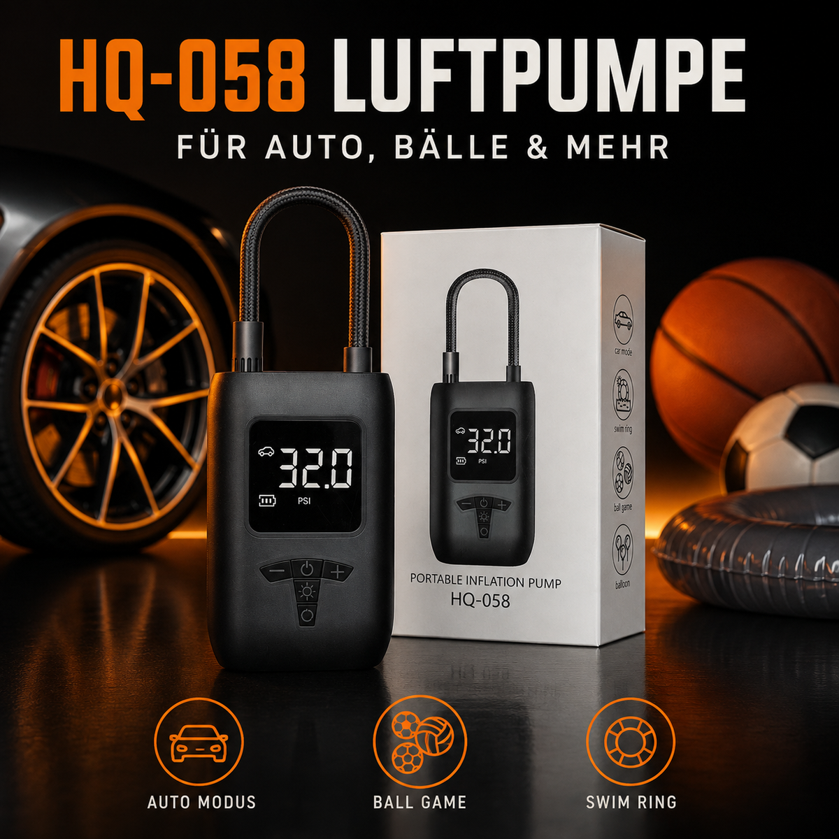 HQ-058 Tragbare elektrische Luftpumpe – bis 150 PSI mit Digitaldisplay