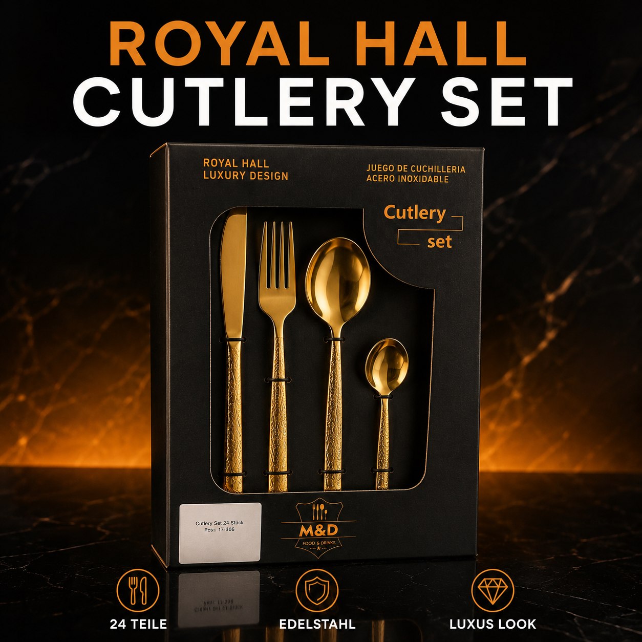 Royal Hall 24-teiliges Besteckset Gold – Edelstahl Besteck für 6 Personen