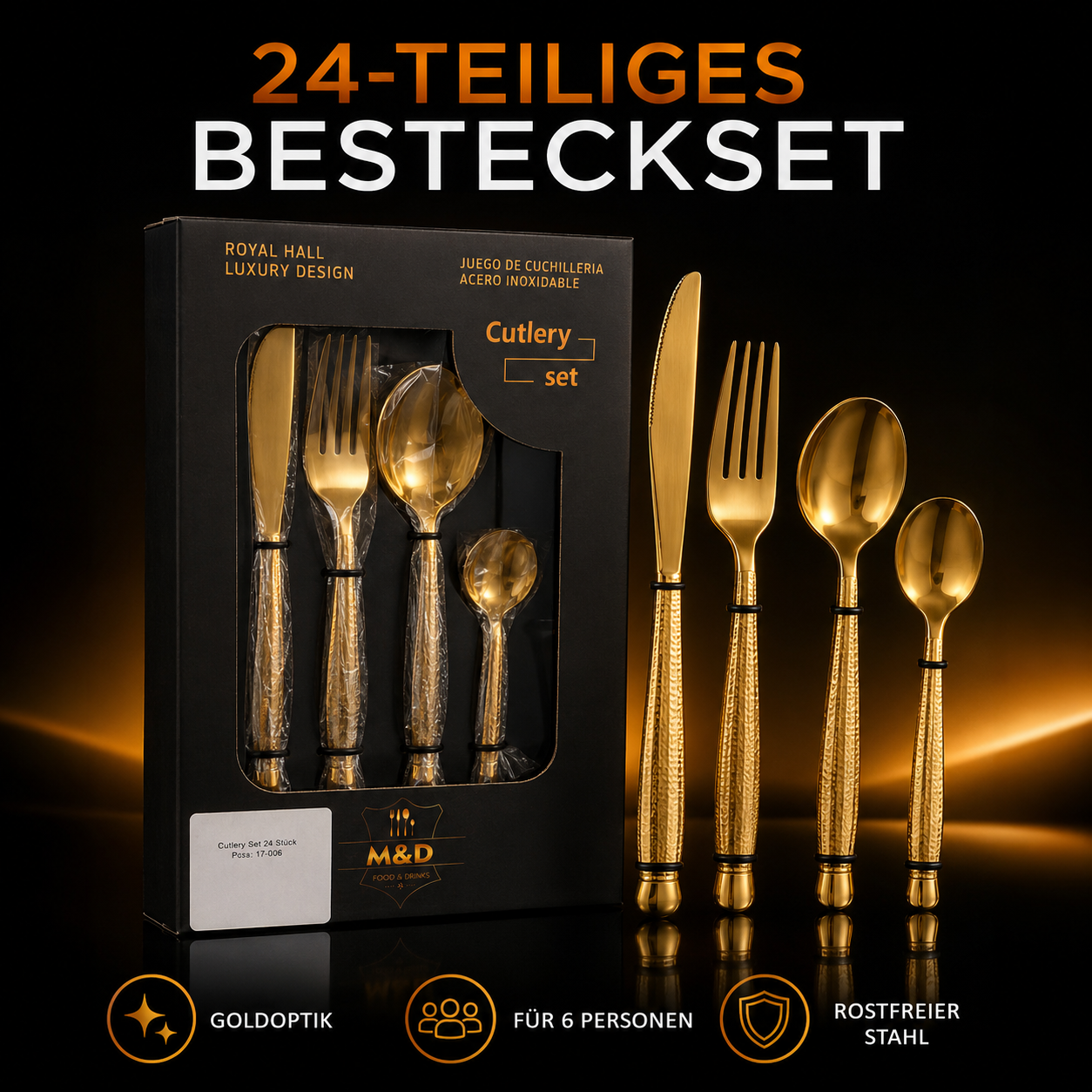 Royal Hall 24-teiliges Besteckset Gold – Edelstahl Besteck für 6 Personen