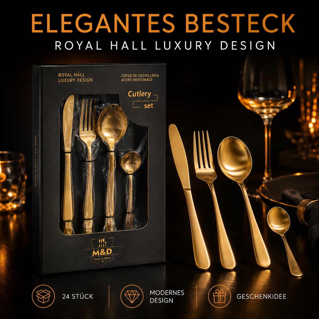 Royal Hall 24-teiliges Besteckset Gold – Edelstahl Besteck für 6 Personen