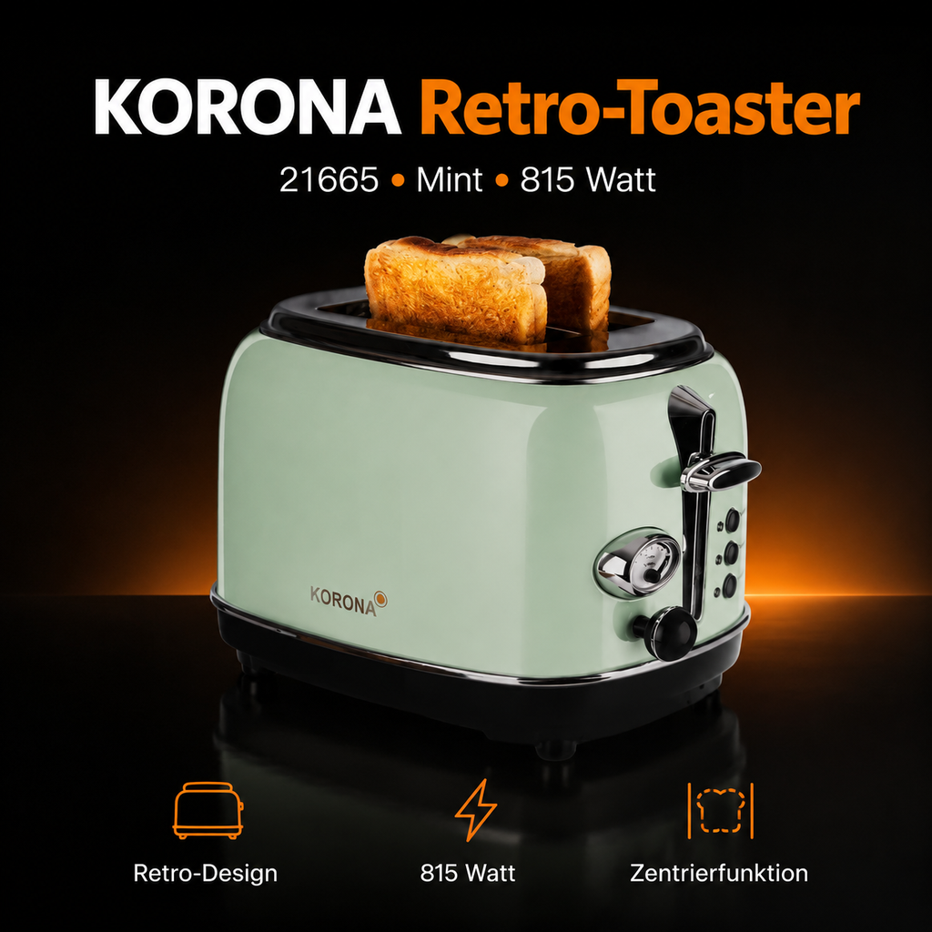 KORONA 21665 Retro-Toaster Mint – 815 W, 2 Scheiben & Brötchenaufsatz
