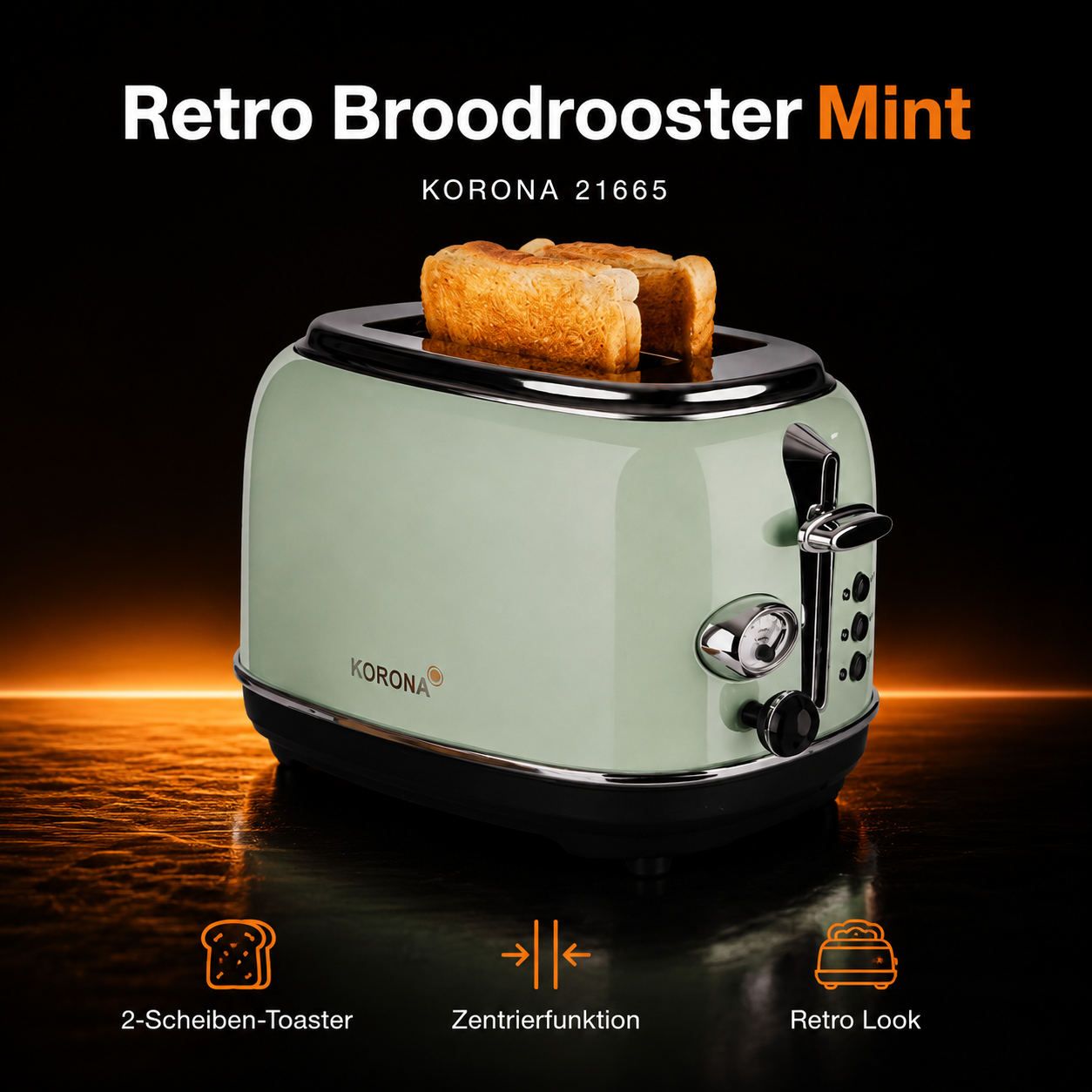 KORONA 21665 Retro-Toaster Mint – 815 W, 2 Scheiben & Brötchenaufsatz