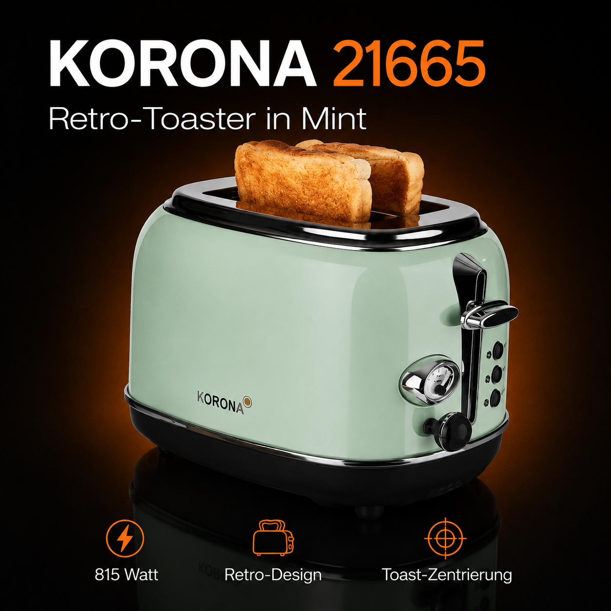 KORONA 21665 Retro-Toaster Mint – 815 W, 2 Scheiben & Brötchenaufsatz