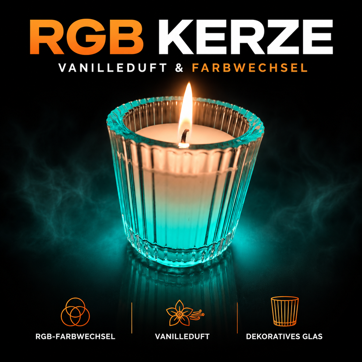 Farbwechsel-Duftkerze mit Vanilleduft im Glas