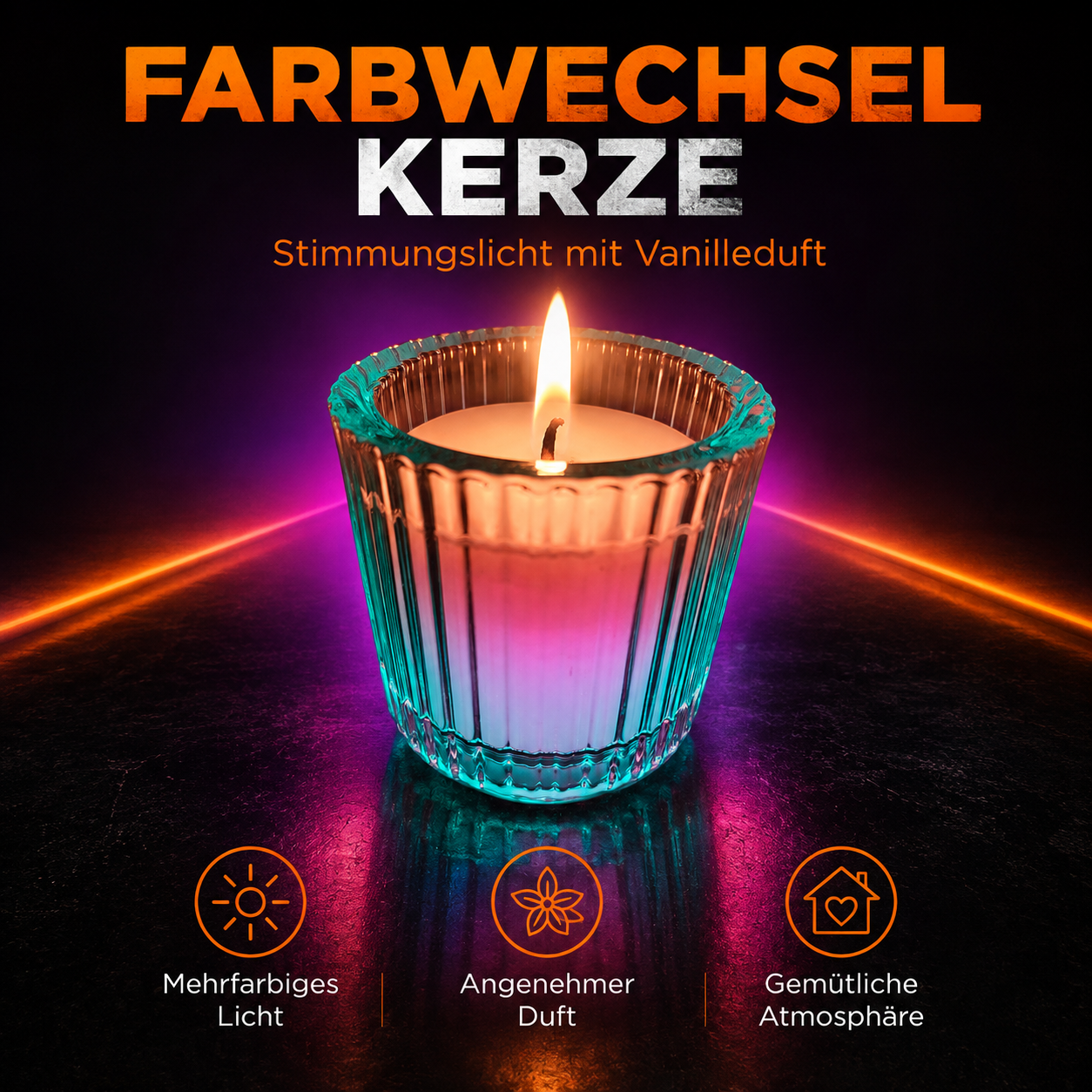 Farbwechsel-Duftkerze mit Vanilleduft im Glas